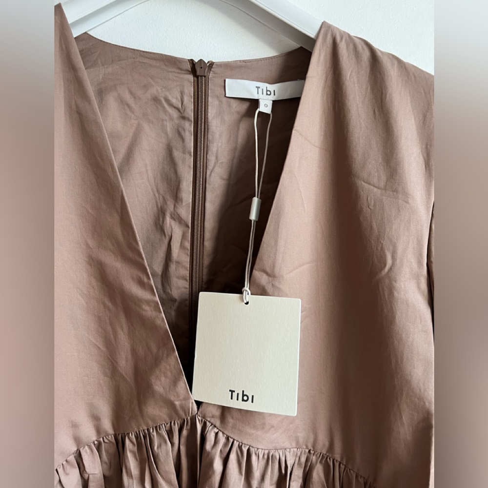 Tibi Eco-Poplin V-Neck Dress with Pleated Sleeves - Picture 3 of 4